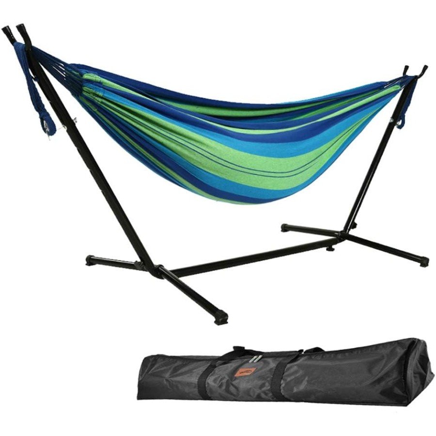 Kahden hengen riippumatto telineellä